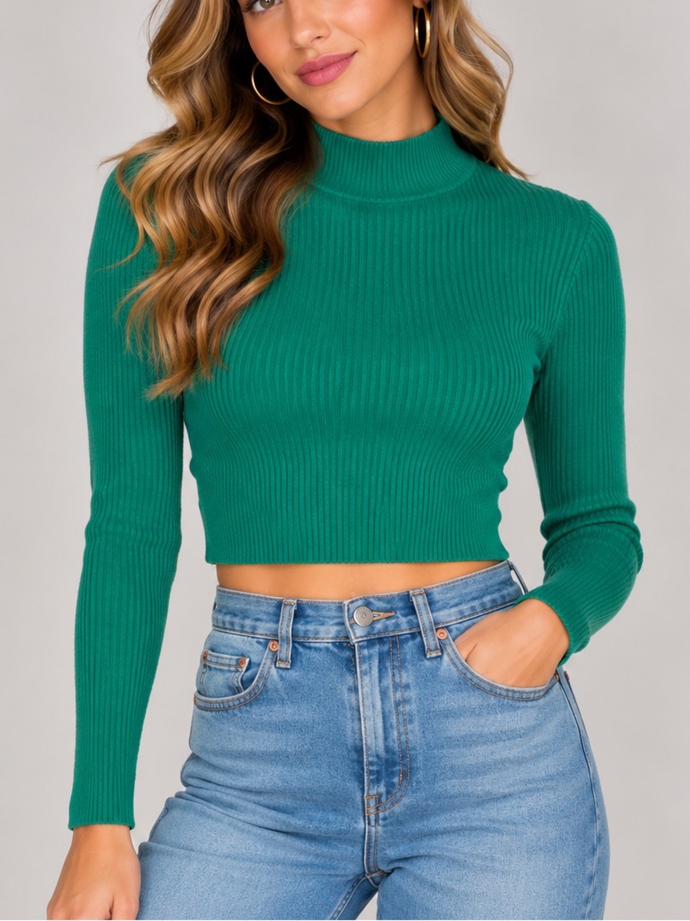 Divided Green Ribbed Cropped Mock Turtleneck